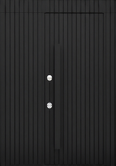 Стальная термодверь с боковым расширением, скрытыми петлями, бугельной ручкой (черный МДФ RAL с рейками)