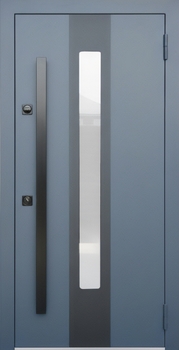 Металлическая термодверь с узким стеклопакетом, вертикальной ручкой и серым полимерным окрашиванием