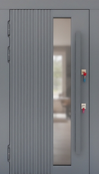 Утепленная входная термодверь со стеклом, бугельной ручкой и панелями МДФ графит